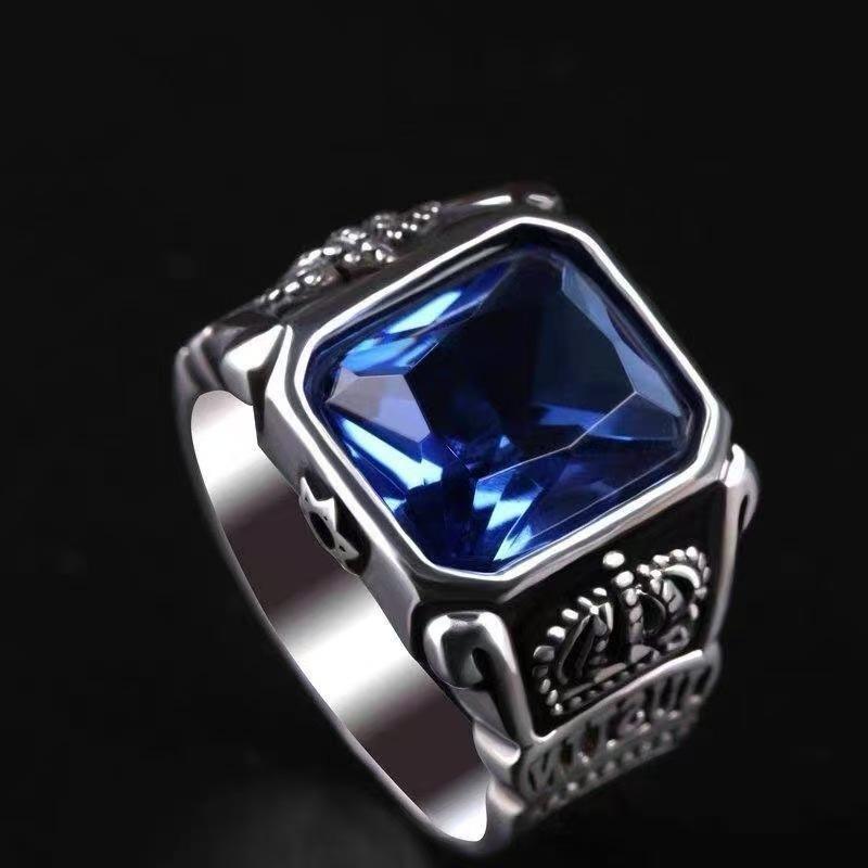Colorful Retro Inlaid Square Blue Zircon Crown Ring Trendy Men'S Personality Ruffian Handsome Temperament Domineering And Adjustable