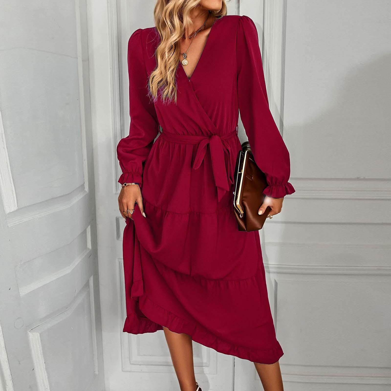 

Женское темпераментное модное повседневное платье с длинным рукавом и завязкой на талии M винный