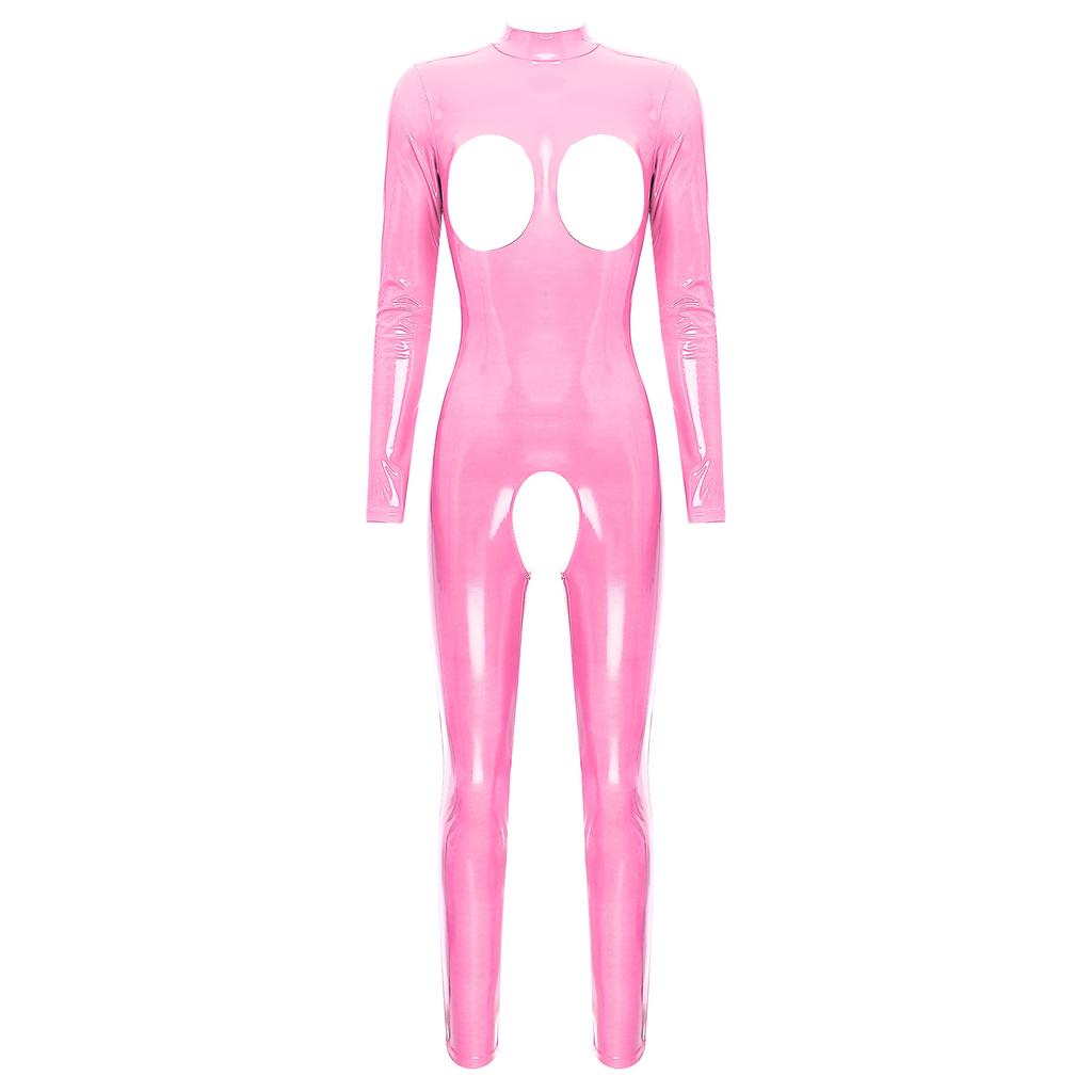 Womens Patent Leather Catsuit Hollow Out Design Mock Neck Long Sleeve Zipper Back Clubwear