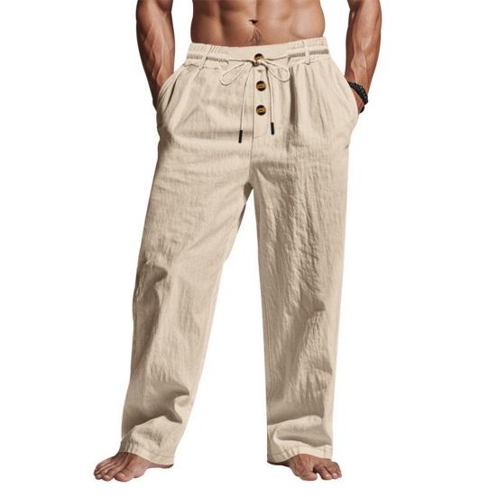 Herren Sommer Leinenhose Lässige Einfarbige Baggy-Hose Strand-Yogahose mit Taschen Elastischer Taille Kordelzug für den Alltag und Urlaub