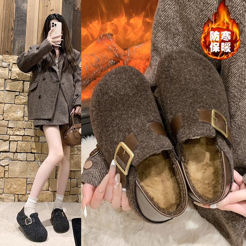 Winter velvet inner height increase Muller cotton shoes women's new one pedal two wear thermal cotton shoes bag and confinement shoes
