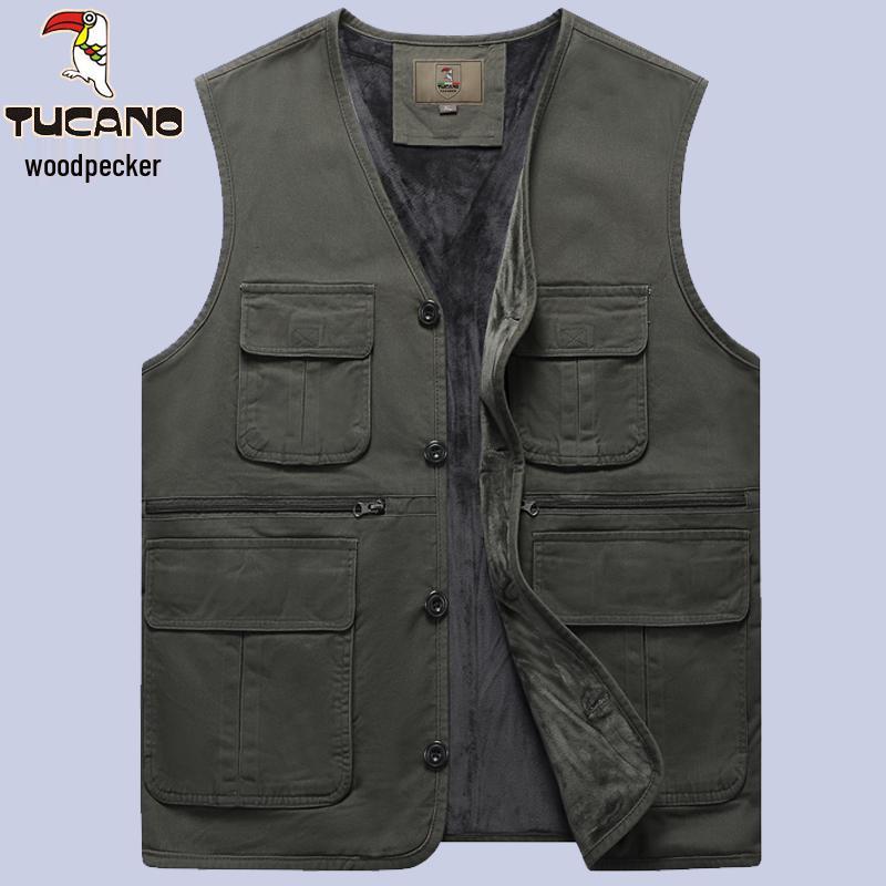 Woodpecker Men's Warm Fleece Lined Vest - Thickened Cotton Sleeveless Jacket for Autumn and Winter
