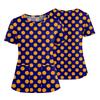 Women's Fashionable Printed Round Neck Pocket Short Sleeved Shirt With Slit Hem Uniform And Worker's Top