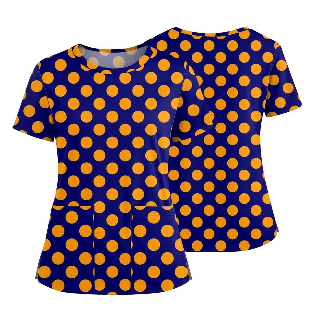 Women's Fashionable Printed Round Neck Pocket Short Sleeved Shirt With Slit Hem Uniform And Worker's Top