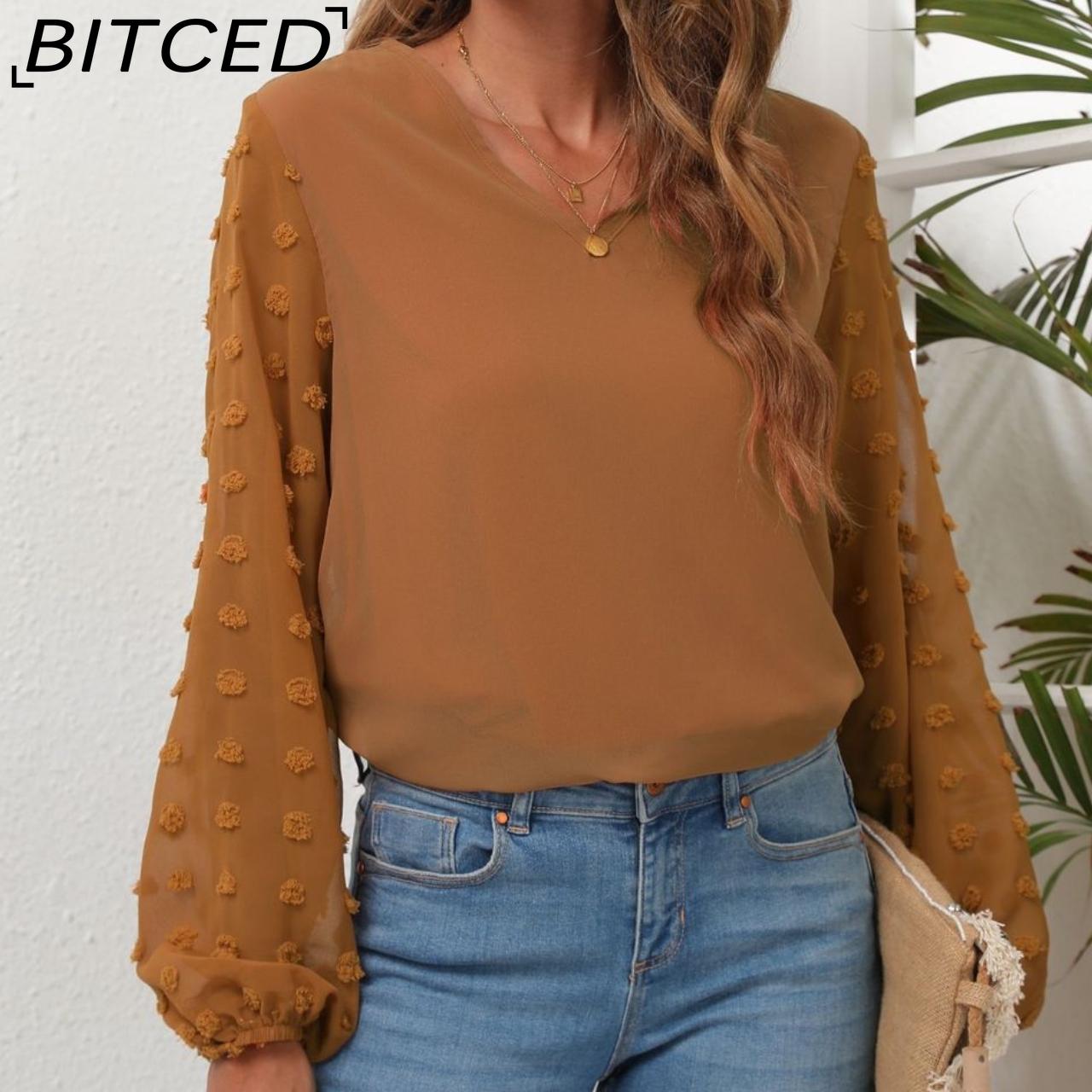 

BITCED Spring/Summer Women s V-neck Chiffon Shirt Spliced Long Sleeve Top for Women
