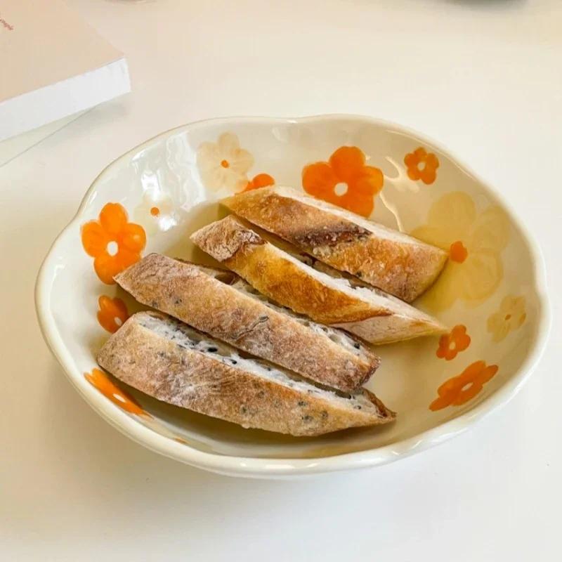 Ceramic Bowl Cream Yellow Handle By Hand Irregularity Fresh Cute Ceramic Salad Bowl Yoghurt Breakfast Bowl Hand-painted Flower