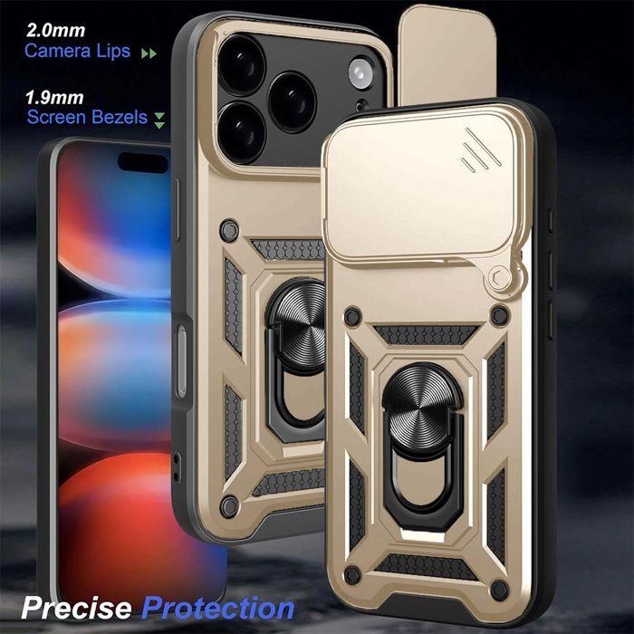 Coque pour iPhone 18 Pro Max, Résistante avec Anneau et Cache Caméra Coulissant - Doré