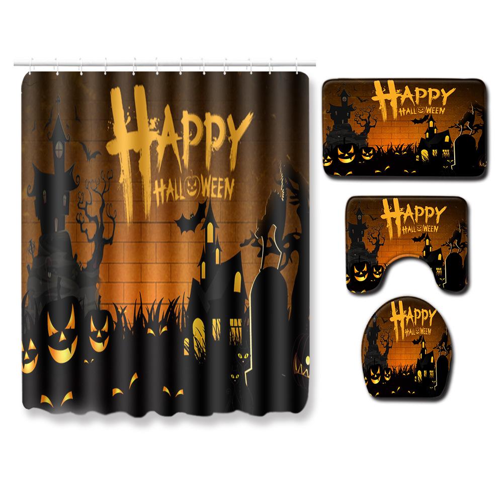 Halloween Bathroom Shower Curtain Floor Mat Combination Four-Piece Set Bathroom Toilet Carpet Door Mat