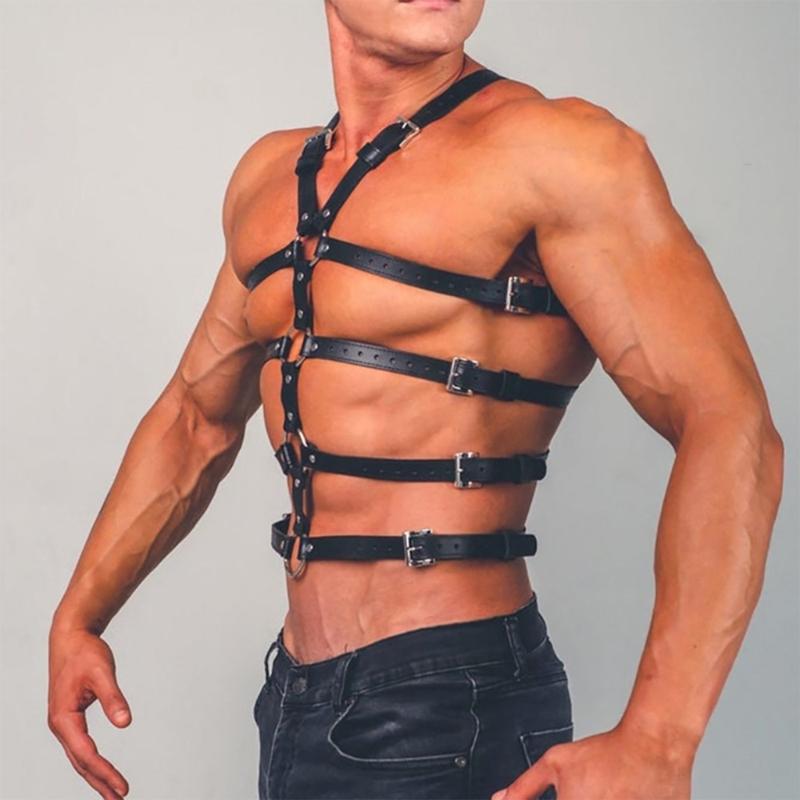 Fashion Punk Belt Adjustable Chest Lingerie Belt Harness Men Suspenders Harness, Black PU Leather Body Harness for Men