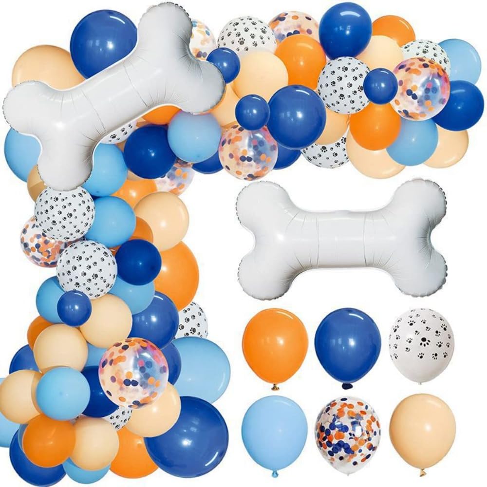 117-Piece Dog Themed Party Balloon Garland Kit with Dog Bone-Shaped Balloons, Blue-Orange Dog Paw Balloon Arch Kit, Blue-Themed Birthday Party Decorat