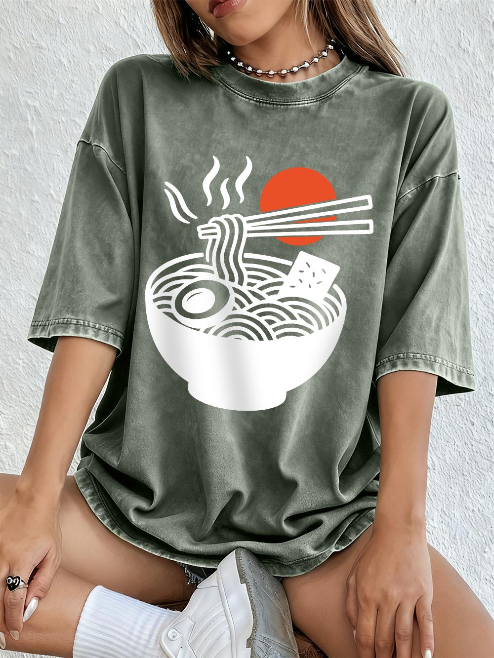 

Steaming Lamian Noodles Cotton Washed TShirts Womens Summer Oversized Tops Comfortable Distressed ONeck T Shirt Basic Clothes S