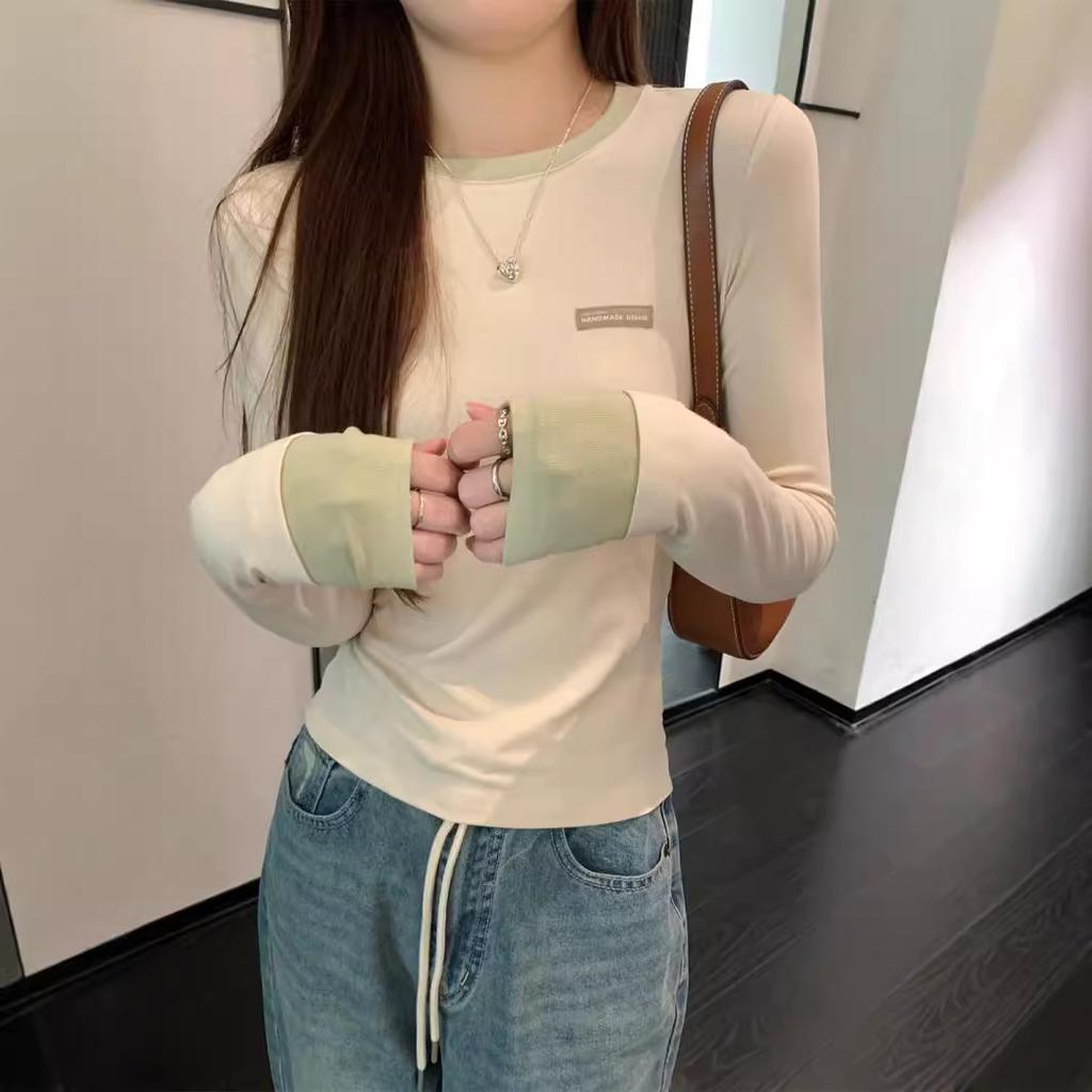 Apricot Chic Fake Two-piece Bottoming Shirt Women's Spring Slim and Thin Contrasting Color Splicing Long-sleeved T-shirt Top