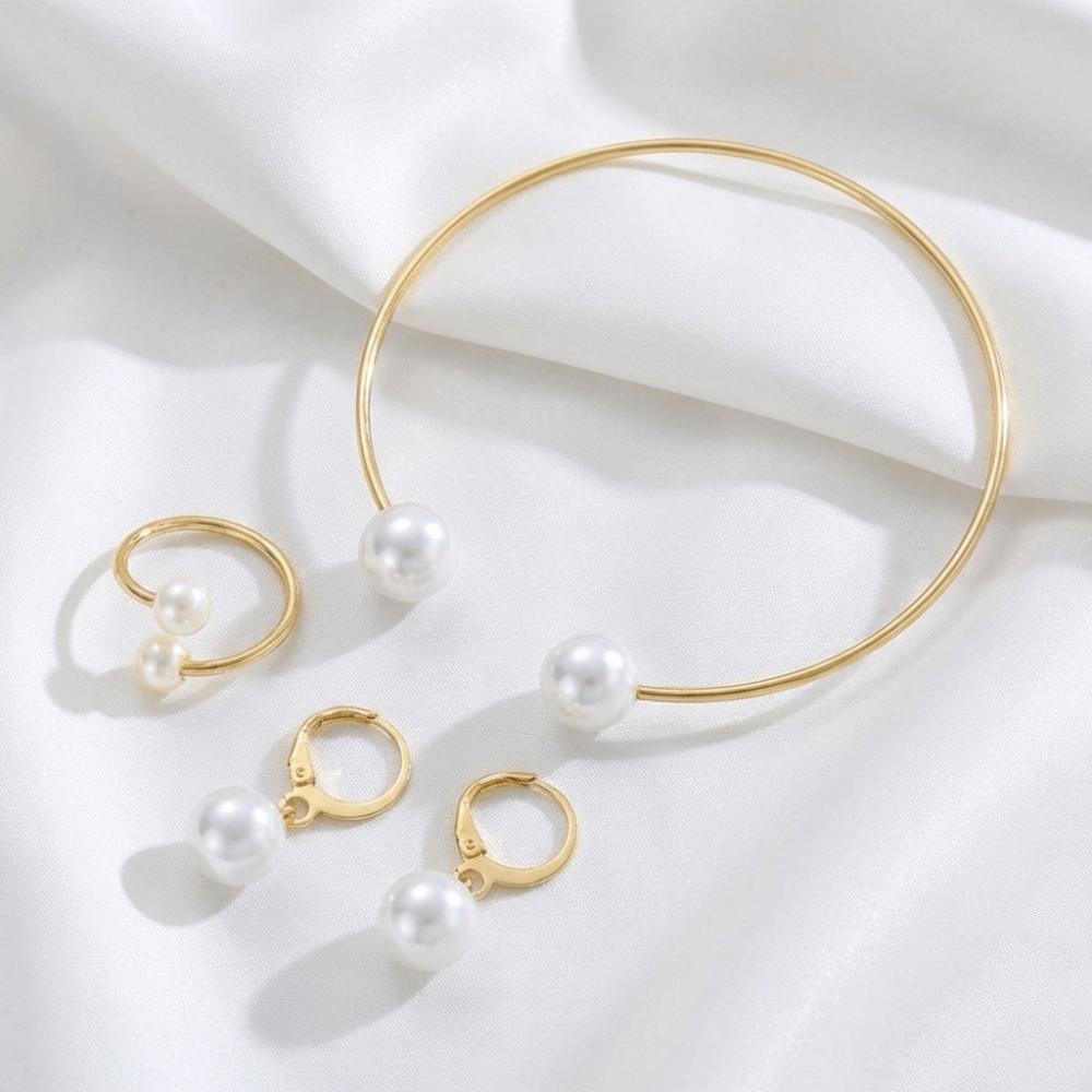 Vintage Style Imitation Pearl Earrings Ring Bangle Simple Design Gold Color Jewelry  Party
