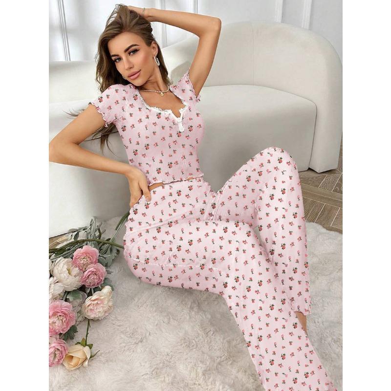 VEZFAA Women's Fashion Casual Summer Spring Flower Pattern Print Short Sleeve V-Neck Trousers Pants Suits
