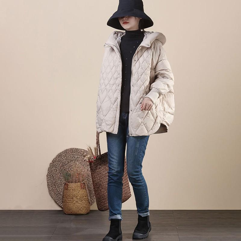 Dámský Oversized Zimní Kabát s Kapucí a Kachním Peřím Středně Silný Teplá Zimní Bunda Volný Střih Ležérní Chic Styl