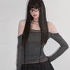 Long Sleeve New Style Lace Splicing Tight Sweet Spicy Pure Desire Big Neckline Vertical Pattern