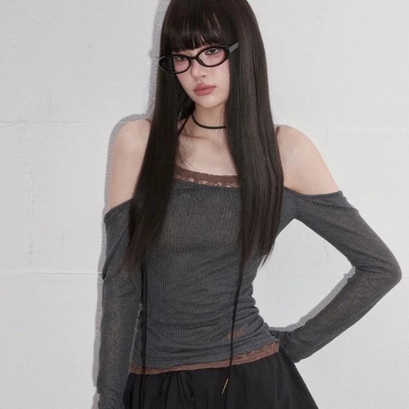 Long Sleeve New Style Lace Splicing Tight Sweet Spicy Pure Desire Big Neckline Vertical Pattern