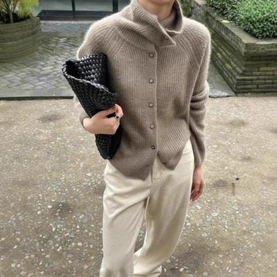Damen Kaschmir-Strickjacke mit hohem Kragen: Verdickter, lockerer, kurzer Wollpullover für Herbst und Winter.
