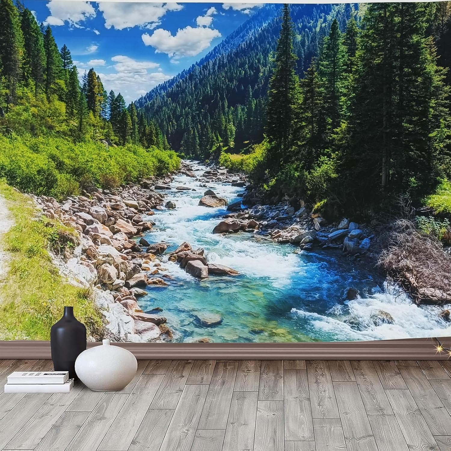 Nature Forest Mountain Tapestry Green Pine Tree Stream Tapestry White Clouds Flowing River Valley Landscape Scenery Tapestries Wall Hanging for 47 L x 35 W