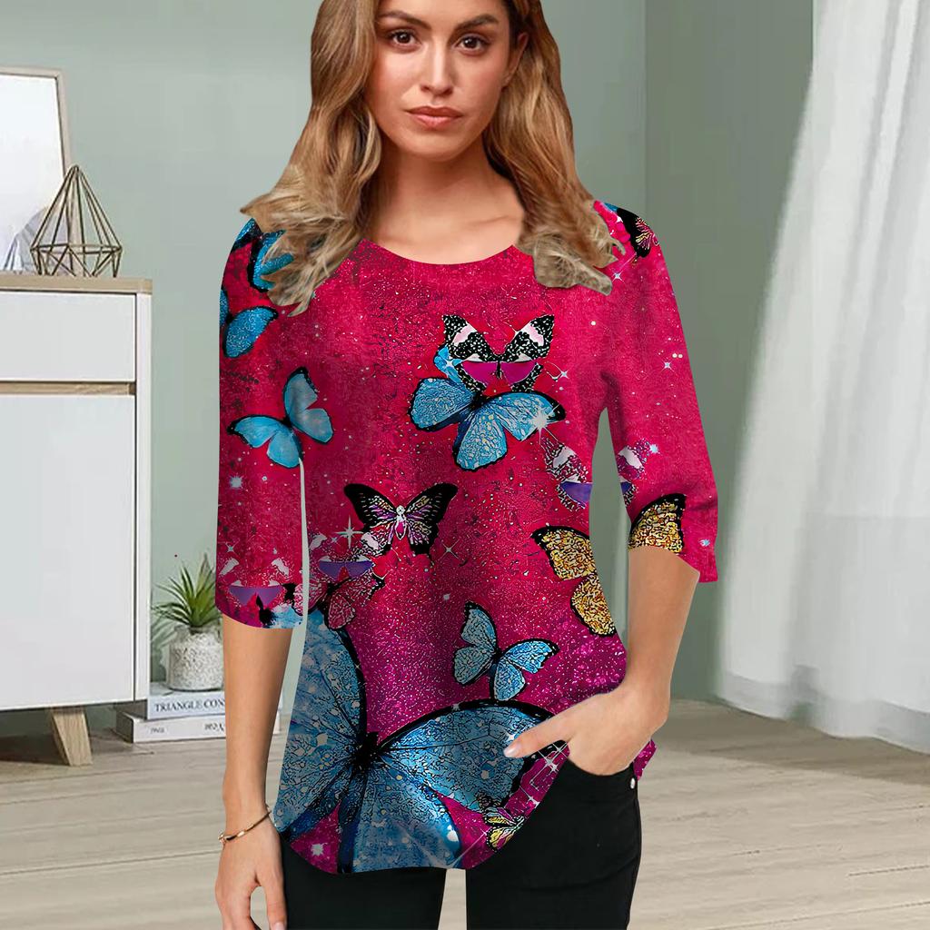 Womens Blouse 3D Big Butterfly Printing Flower Half Sleeve Tops Summer Casual Tops Printed Round Neck Half Sleeve T Shirt