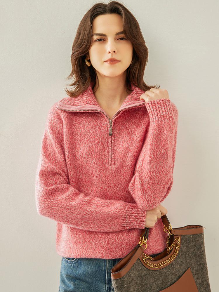 Women's Autumn/Winter Cashmere Lapel Half-Zip Sweater - Casual Knit Pullover