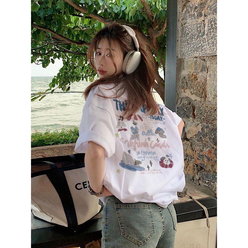 Idle Style Cartoon Letter Print Short-Sleeved T-shirt Women's Summer Niche Style Casual Loose Easiest for Match Black Tops Ins Fashion