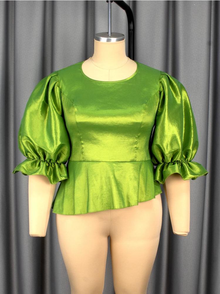 Elegant Women Party Blouse Shirt O Neck Short Puff Sleeve Irregular Peplum Belly Cover Bodycon Fashion Tops Female Birthday New