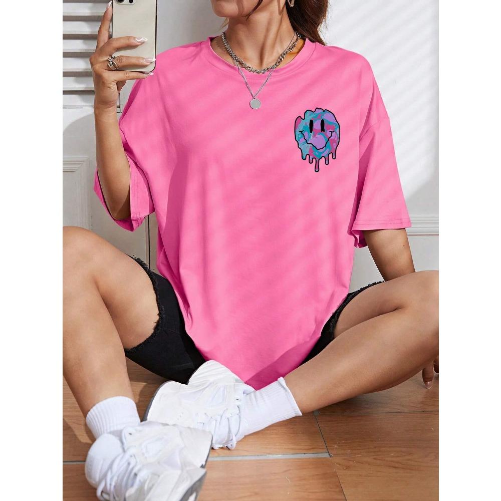 Lustiges Smiley-Gesicht Aufdruck Damen T-Shirt Street Casual T-Shirt Mode Weiche Kleidung Hip Hop Atmungsaktive T-Shirts Damen