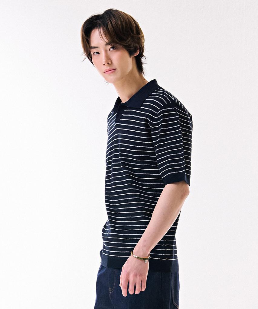 CHASECULT Men'S Cool Touch Striped Open Collar Neck Short Sleeve Sweater-Dbrk5612D04