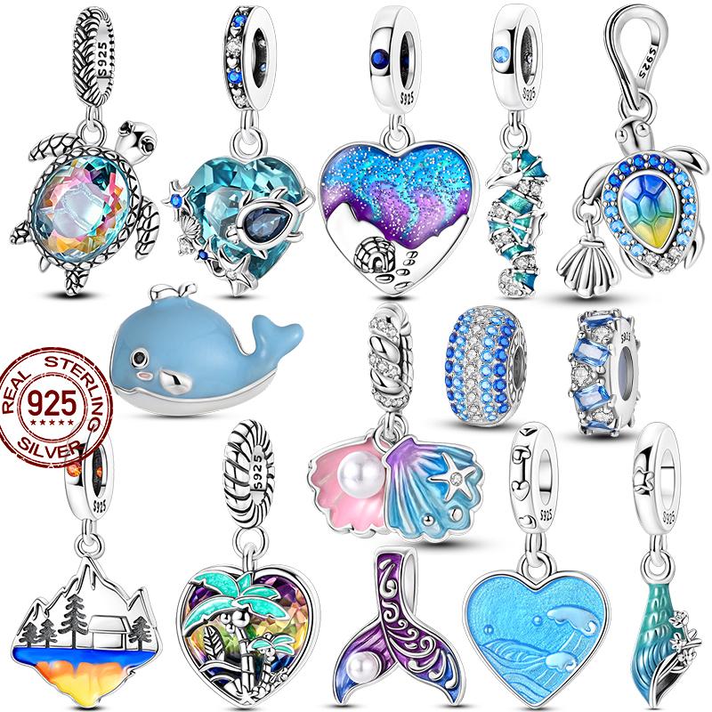 Summer Ocean Series Bead Components Copper Metal Turtle Charm Bead Components Blue Heart Dangle Designed For Women Compatible With Authentic Original