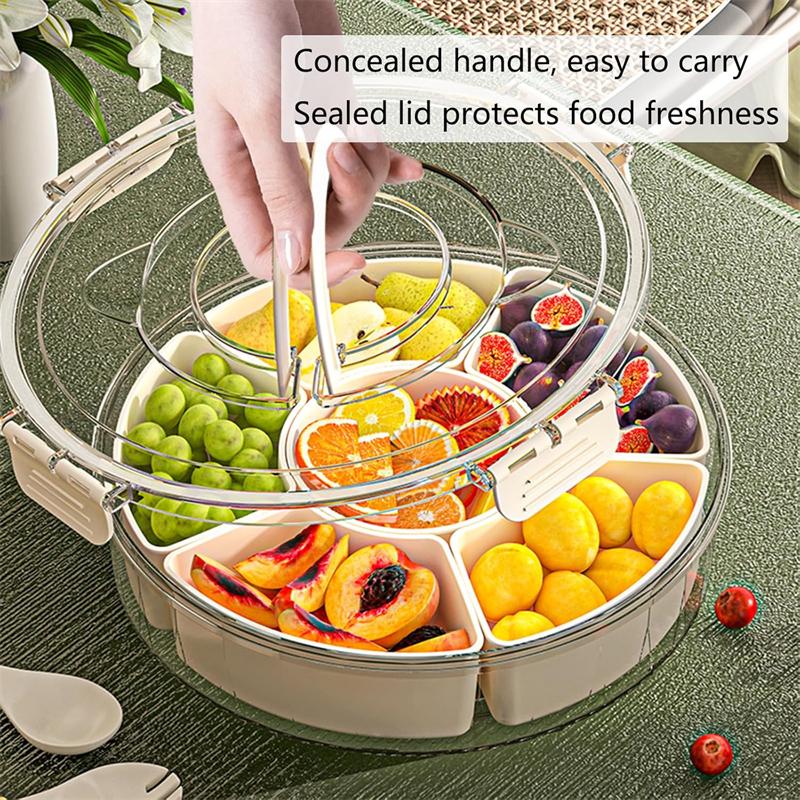 With Handle Six Division Rotating Fruit Tray Sealed Moisture-Proof Dry Fruit Tray Portable Modern Home Round Snack Box With Lid