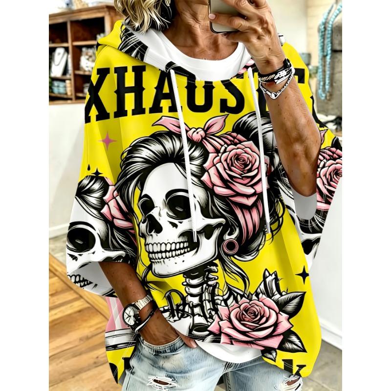 Damen Kapuzentop in Übergröße, Taro-Lila, Amerikanischer Rebell Schädel und Rosen Print, Lockere überschnittene Ärmel, Kapuzenpullover
