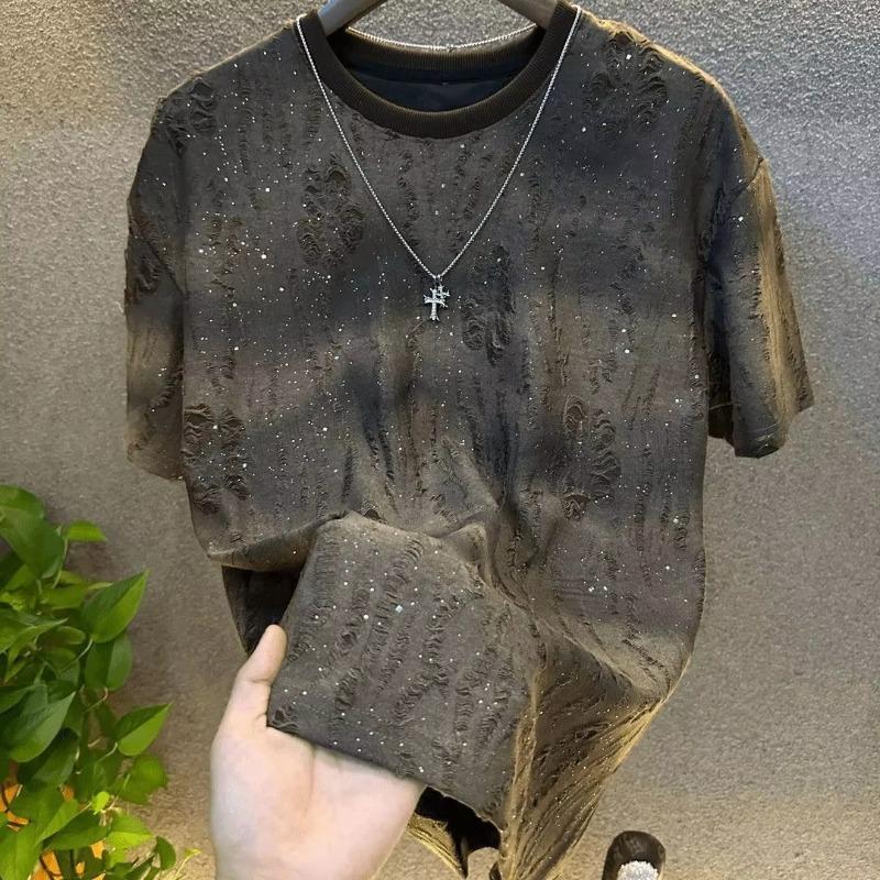 Summer Tear Men Clothing Summer Rhinestone Rivet T Shirt Round Neck Casual T Shirt Korean Version Men's Short Sleeves