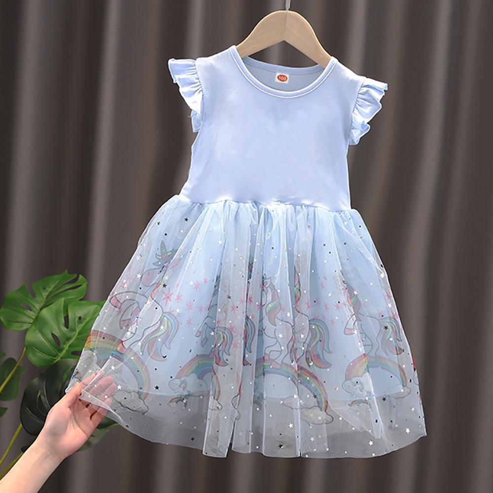 Sommer Mädchen Kurzarm Prinzessin Einhorn Kleid mit Tüllrock