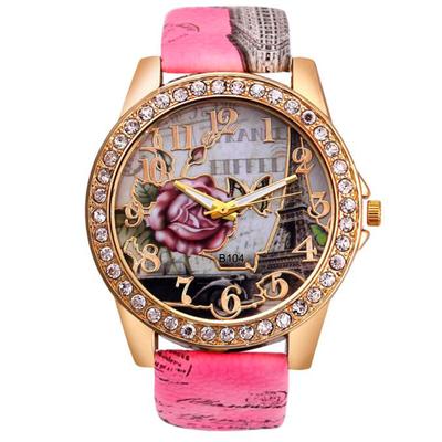 Rose Pattern Leather Band Analog Quartz  Wrist Watches PK