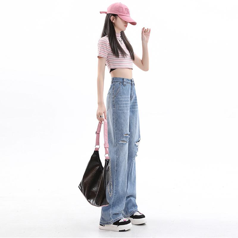 Spring High Waist Ripped Straight Trendy Daily Denim Pants For Women Casual Pants Oversize Denim Trousers
