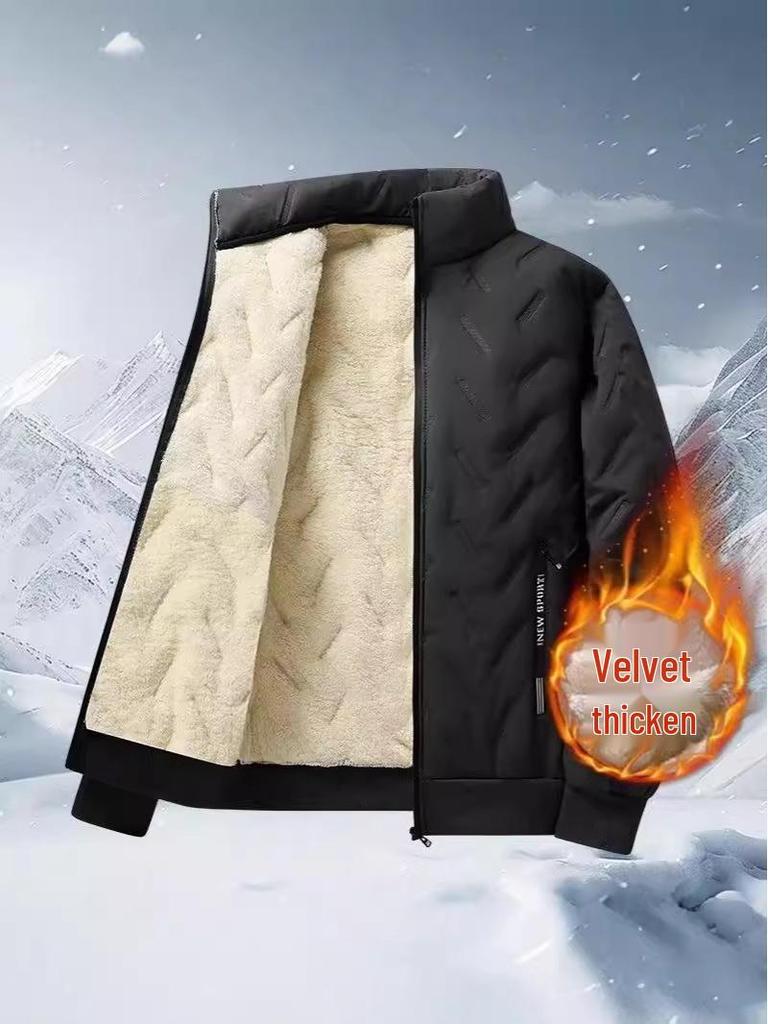 Men's Windproof Lambskin Cotton Winter Coat with Velvet, Thick, Loose Fit, Stand Collar, Large Size.