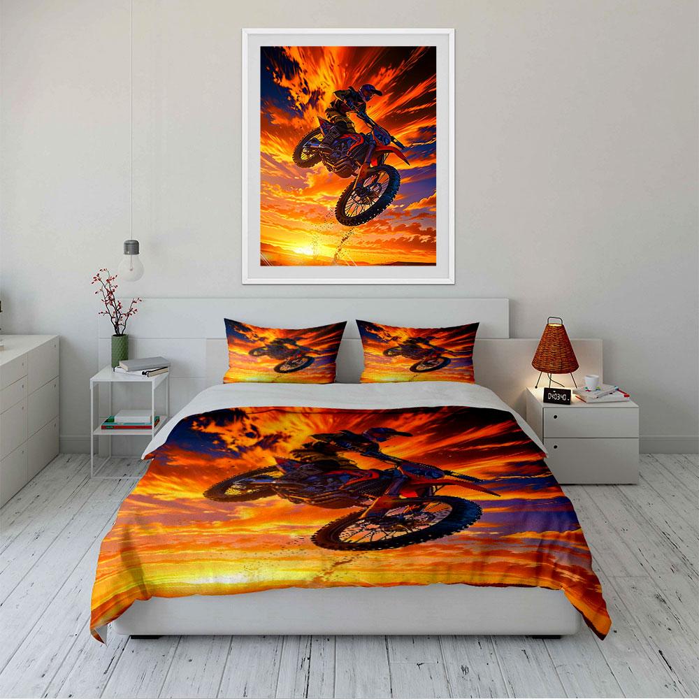 Motocross Motor Fiets Sprong Zonsondergang Scène Beddengoed Dekbedovertrek Set (1*Dekbedovertrek 2*Kussenslopen, zonder dekbedvulling)