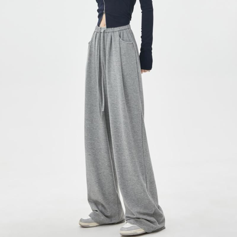 Nova Moda Sólida Casual Calças de Perna Larga para Mulheres Elegante Solta Reta Cintura Alta Calças Femininas Bolsos Cordão Calças Esportivas Femininas 25710