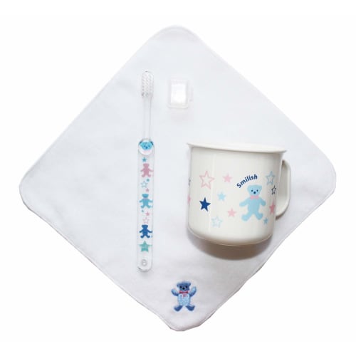 ABC Bear 3-Piece Children's Toothbrush Set (Toothbrush with Cap, Heat-Resistant Cup, Imabari Towel Handkerchief)