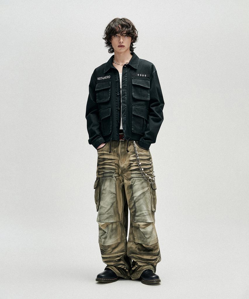NOT4NERD Dirty Washed Parachute Cargo Denim Pants - Beige