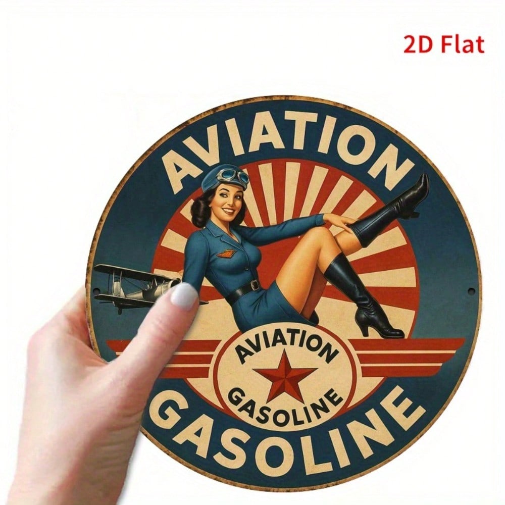 Vintage Metal Tin Sign Retro Aviation Gasoline Girl Wall Decor 20x20