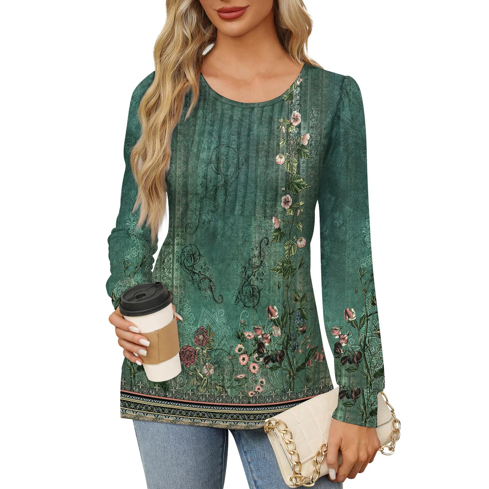 

Женская повседневная плиссированная футболка с круглым вырезом и длинными рукавами с принтом XXL