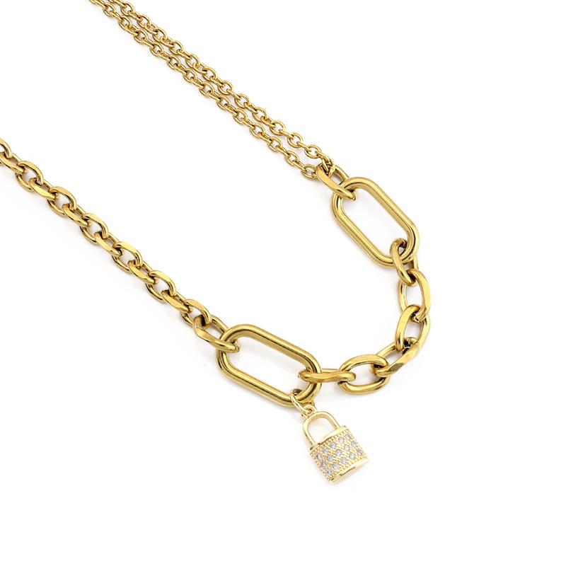 New Arrival 316L Stainless Steel Gold Plated Lock Pendant Necklace Paperclip Link Chain Necklace for Women