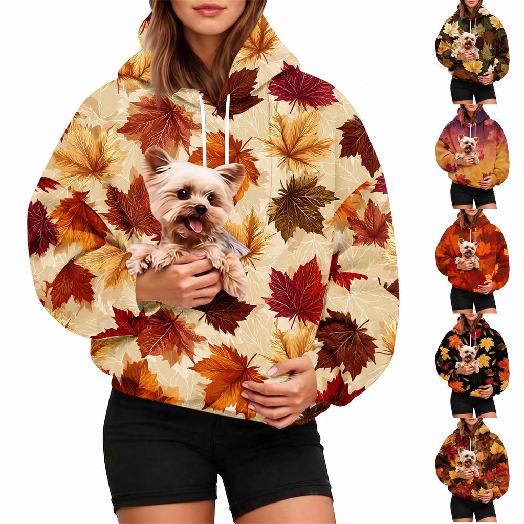 Damen Kapuzenpullover mit Blätterprint und Tasche für Haustiere für Freizeitkleidung