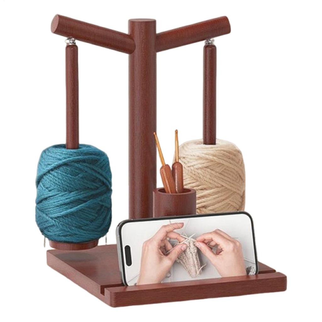 Yarn Holder for Crocheting Magnetic Rotating Spinner Wooden Yarn Ball Holder with Phone Stand & 2 Spindles for Knitter Crocheter