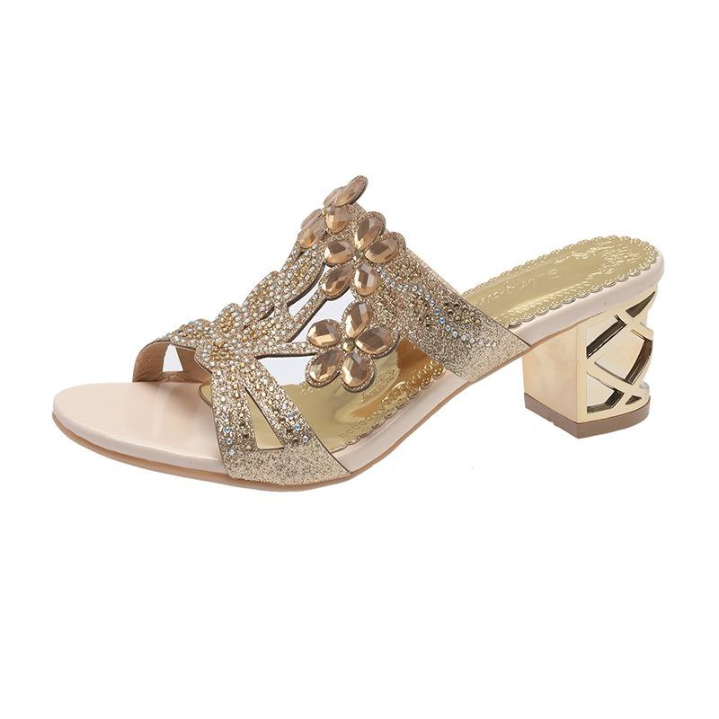 Sandale de vară pentru femei cu toc gros și vârf pătrat, tip slip, cu detaliu cataramă florală, încălțăminte casual elegantă franceză, respirabilă și ușoară.