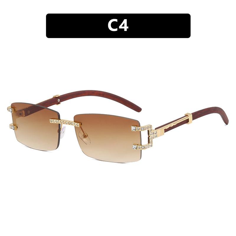 Unisex Rectangle Rimless Women Wood Leg Luxury Brand Designer Trendy Retro Frameless Sun Glasses UV400