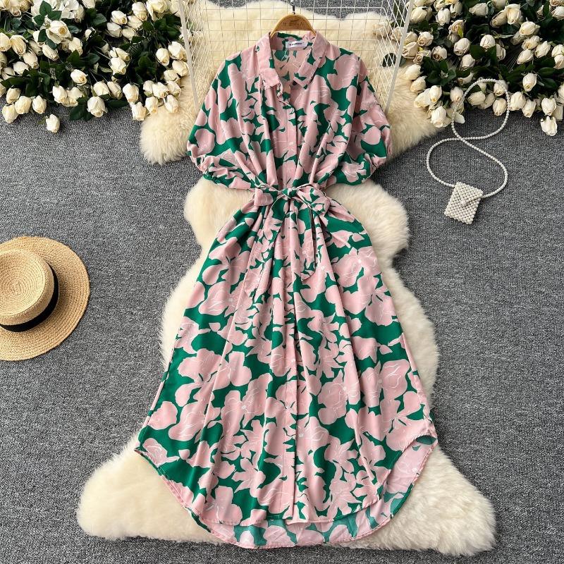 Summer Dress Retro Lantern-sleeved Women's Dress Single-breasted Cinched-waist Tie Printed Dress