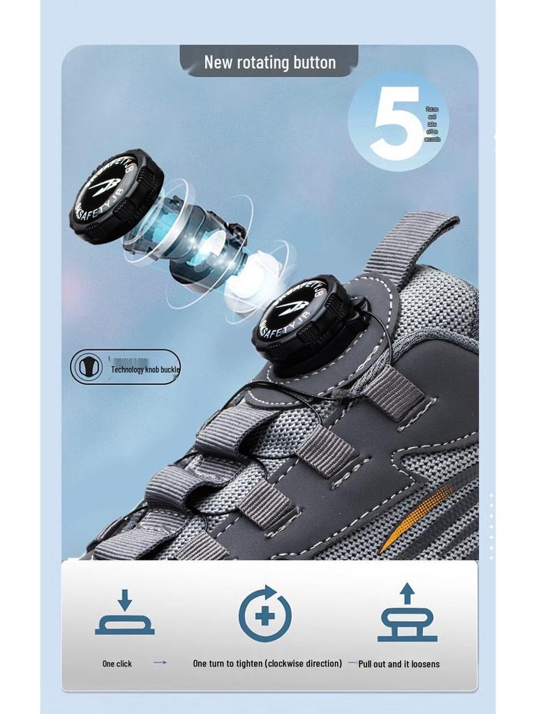 Men's Fly-Knit Safety Shoes: Anti-Smash, Anti-Puncture, Breathable, Lightweight, Comfortable, Wear-Resistant with Soft Sole and Button Closure.